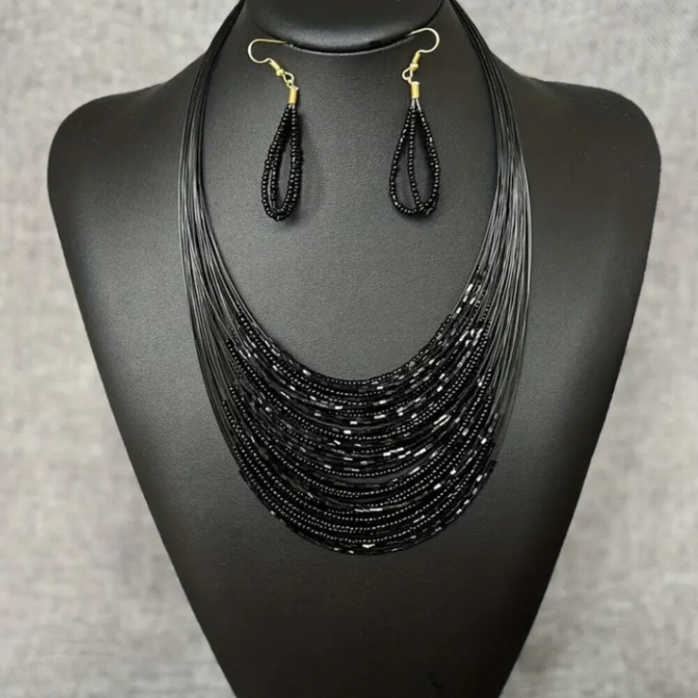 Women's 3pc Handmade Earrings Plus Necklace Black Beads Multilayer Design
